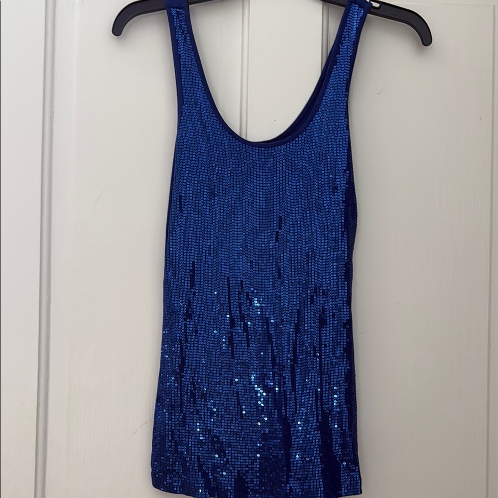 Express Blue Sequin Fitted Sleeveless Tank Top